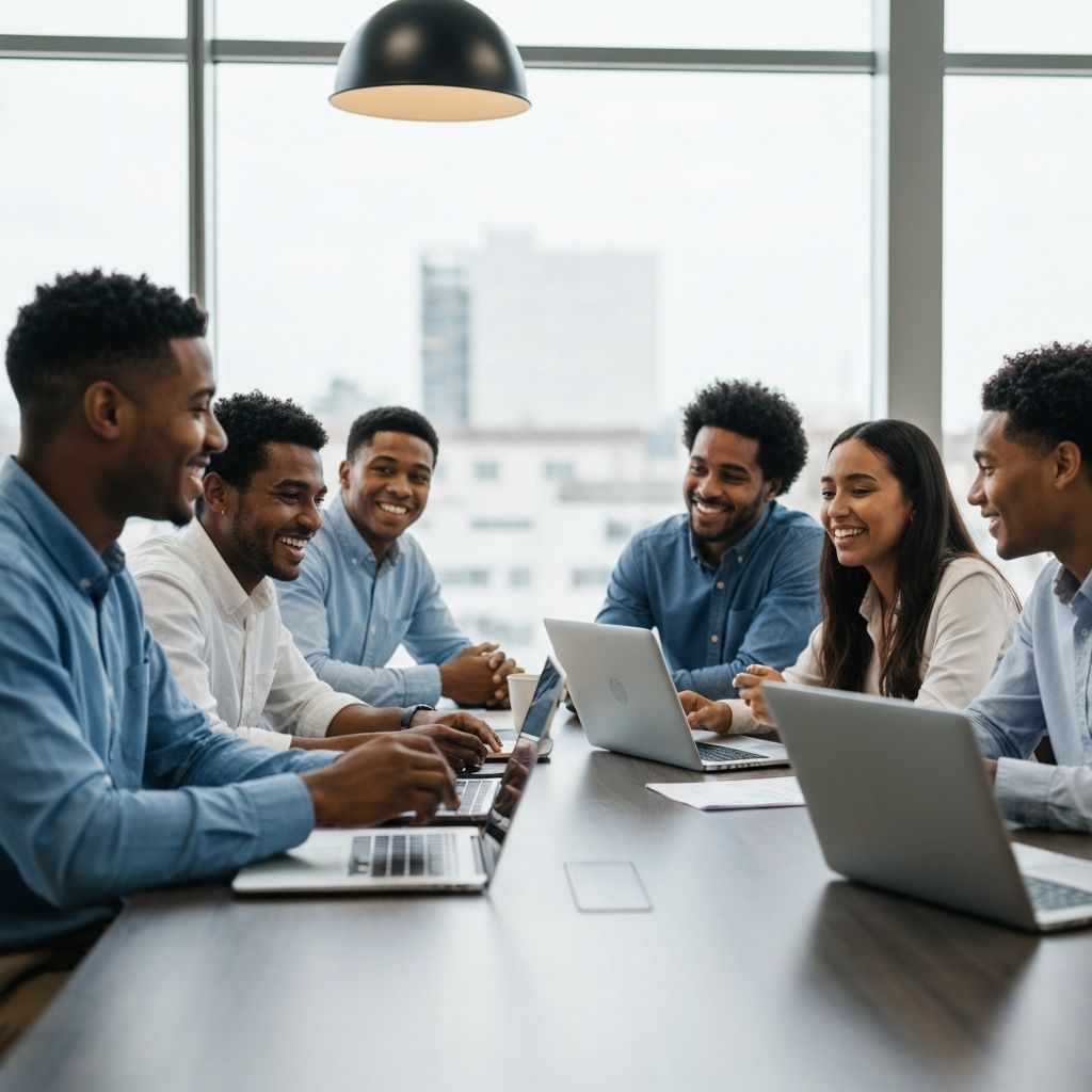 Equipe diversa colaborando em ambiente de trabalho moderno